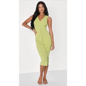 NWT Lulu's Effortless Evenings Lime Green Ribbed Button-Front Midi Dress size L
